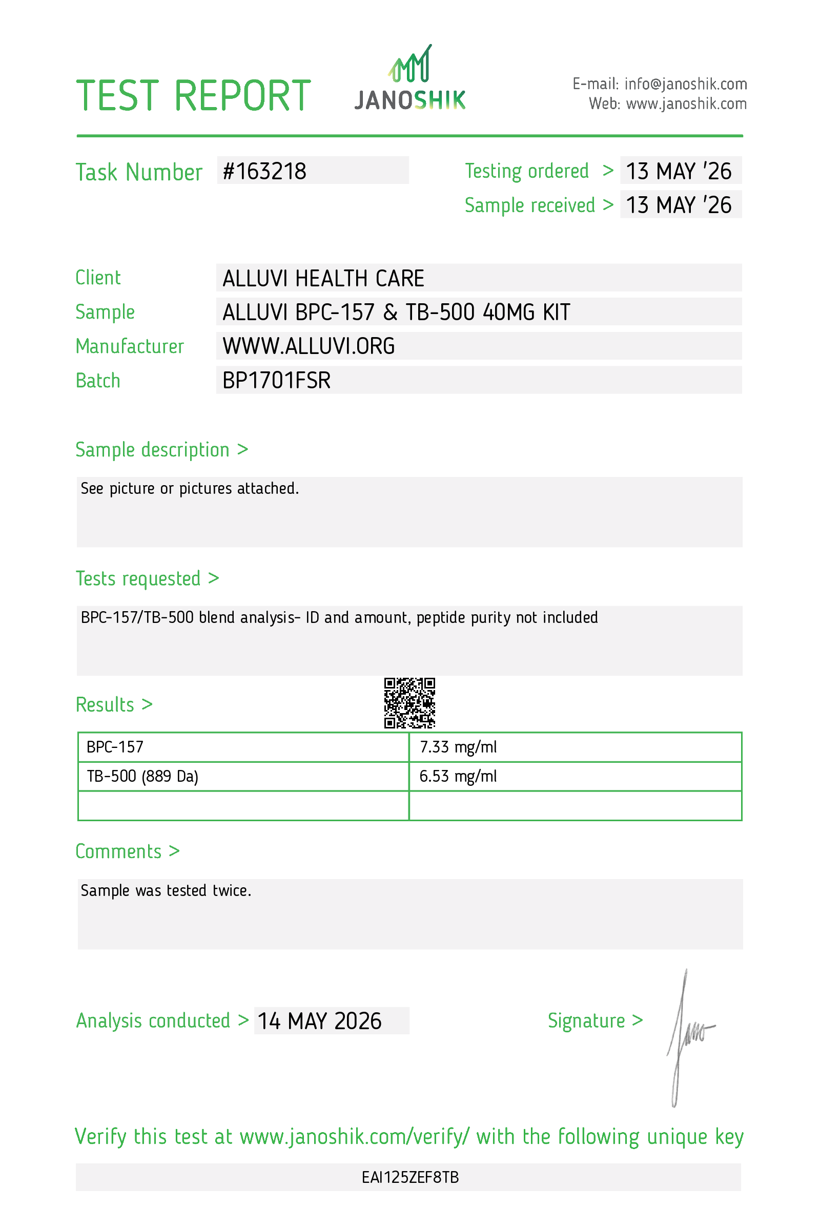 Janoshik certificate of analysis — BPC-157 & TB-500
