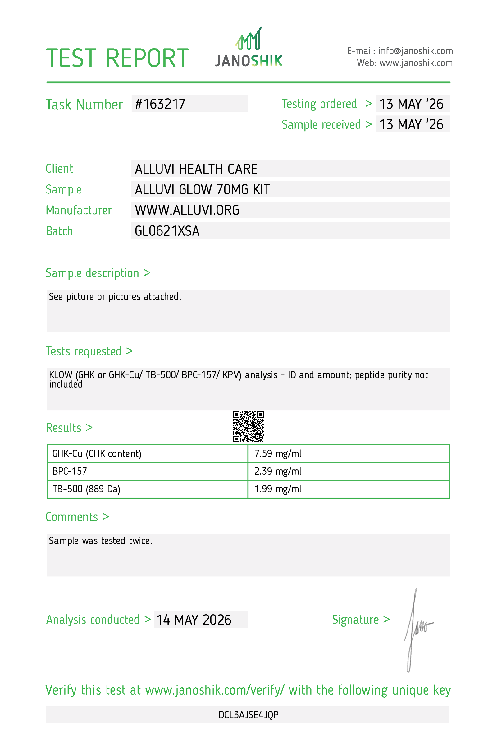 Janoshik certificate of analysis — Glow 70mg