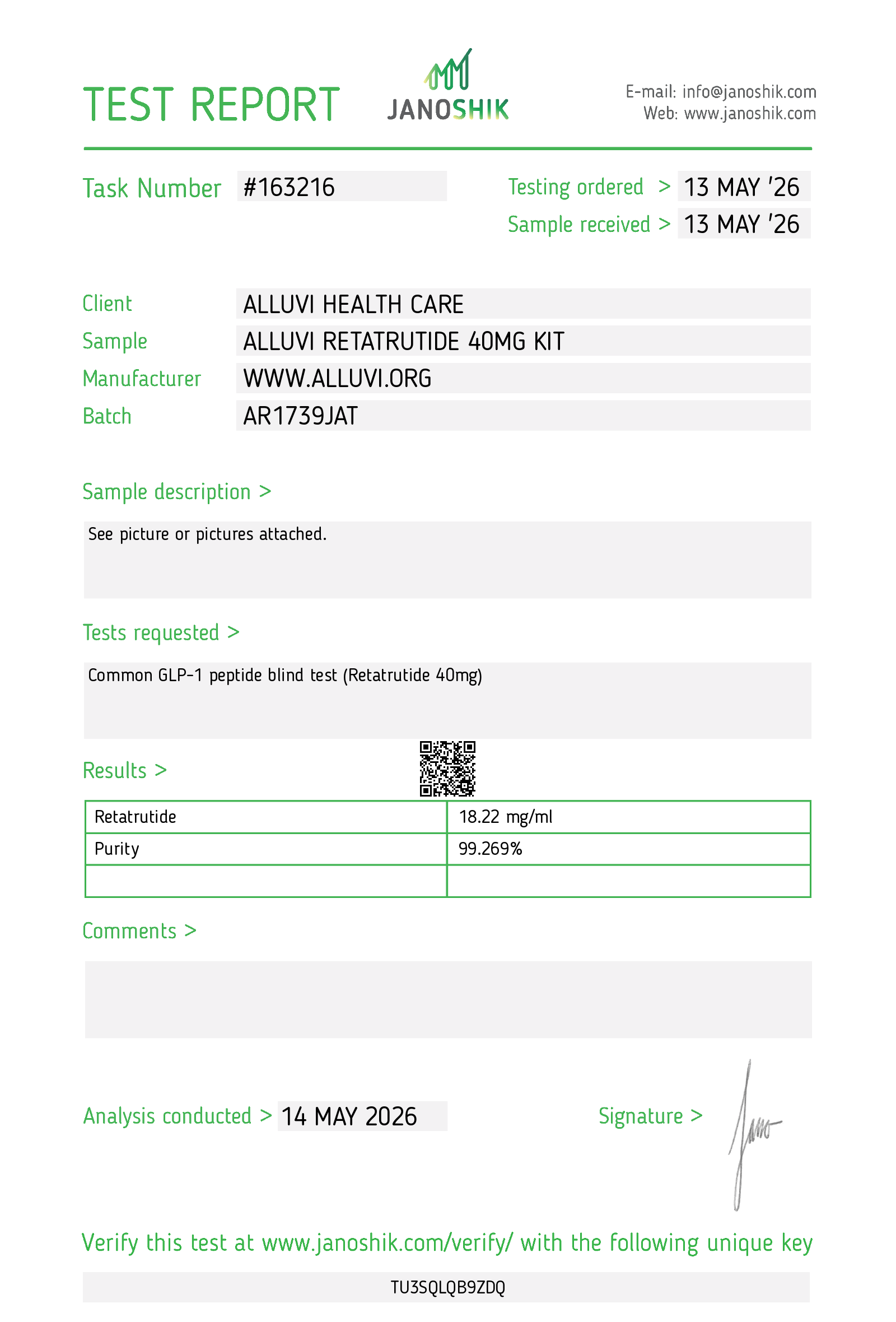 Janoshik certificate of analysis — Retatrutide 40mg